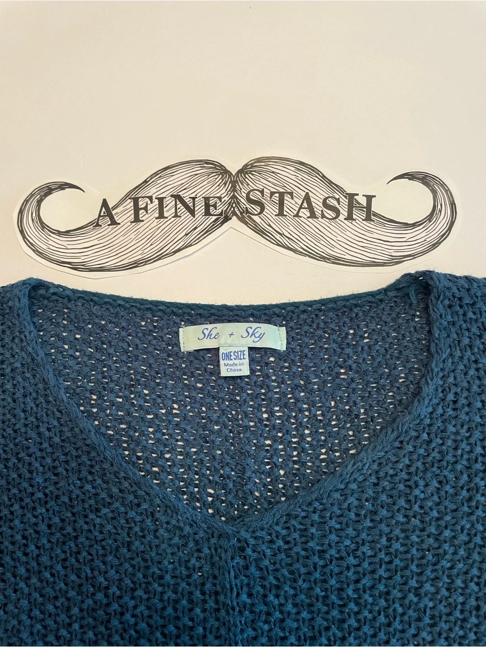 She + Sky Women’s Teal Navy V-Neck Open Knit Sweater One Size